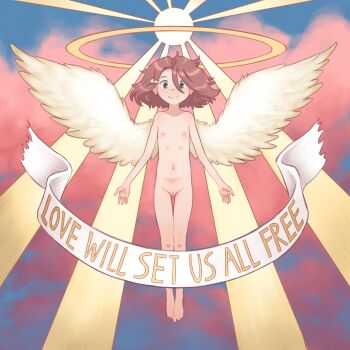 1girl absurdres amy_forest angel angel_wings breasts brown_hair cleft_of_venus completely_nude english_text flat_chest flying full_body hair_between_eyes hair_ornament halo highres loli looking_at_viewer maggie_(amy_forest) medium_breasts navel nipples nude original palms pussy shooting_star_hair_ornament smile solo star_(symbol) star_hair_ornament wings