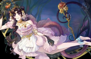 1girl absurdres anjo_nala anjo_nala_(forbidden_fruit) apple bare_legs bare_shoulders barefoot black_gloves black_hair blue_background breasts cleavage demon_girl dress flower food fruit full_body gloves grin hair_flower hair_ornament hand_up highres holding holding_food holding_fruit long_hair looking_up official_alternate_costume pink_tail pole purple_eyes reverse:1999 short_dress sleeveless sleeveless_dress smile solo white_dress yangtong_:d~~