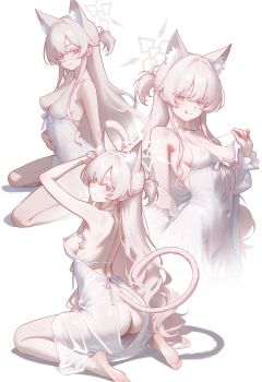 1girl :q absurdres akira_(blue_archive) alternate_costume animal_ear_fluff animal_ears ass bare_shoulders barefoot blue_archive blush breasts cat_ears cat_girl cat_tail closed_mouth collarbone colored_eyelashes commentary covered_erect_nipples covered_navel dress extra_ears feet hair_intakes halo hand_up highres long_hair looking_at_viewer mellow_(srpp4843) multiple_views navel nipple_slip nipples off_shoulder one_side_up panties pink_eyes see-through_clothes see-through_dress simple_background sitting smile soles stomach untranslatable_commentary tail thighs toes tongue tongue_out underwear wariza wet wet_clothes wet_dress white_background white_dress white_eyelashes white_hair white_halo white_panties