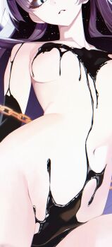 1girl absurdres arm_at_side breasts chain commentary completely_nude convenient_censoring cowboy_shot film_grain groin head_out_of_frame highres ink_on_body ink_on_breast long_hair looking_at_viewer medium_breasts navel nude original orn parted_lips purple_eyes solo stomach symbol-only_commentary white_eyes