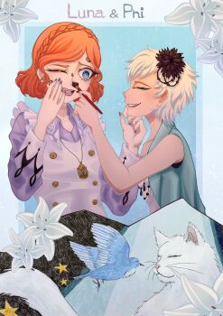 Rule 34 | android, aqua eyes, aqua jacket, bird, black flower, blouse, bluebird, blush, buttons, cat, character name, closed eyes, collarbone, commentary, english commentary, eyelashes, flower, frilled shirt, frills, hair flower, hair ornament, highres, holding, holding paintbrush, jacket, jewelry, kyokugen dasshutsu, kyokugen dasshutsu adv: zennin shibou desu, long sleeves, luna (kyokugen dasshutsu), messy teen, nail polish, necklace, one eye closed, open clothes, open jacket, open mouth, orange hair, paintbrush, painting (action), phi (kyokugen dasshutsu), purple nails, purple shirt, shirt, short hair, sleeveless, sleeveless jacket, sleeveless shirt, smile, spoilers, star (symbol), teeth, upper body, very short hair, vest, white cat, white flower, white hair, white shirt, white vest