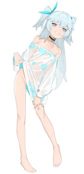 1girl absurdres barefoot blue_eyes blue_hair blue_nails blush bottomless bright_pupils choker clothes_lift feet full_body girls&#039;_frontline girls&#039;_frontline_2:_exilium grin heart heart-shaped_pupils heart_choker heart_print highres looking_at_viewer off-shoulder_sweater off_shoulder official_alternate_costume pa-15_(girls&#039;_frontline) pa-15_(marvelous_yam_pastry)_(girls&#039;_frontline) ri-el see-through_sweater simple_background smile solo sweater sweater_lift symbol-shaped_pupils teeth toes two_side_up white_background white_pupils