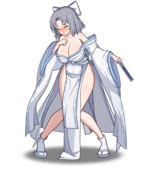1girl :o animated animated_gif armpit_crease bare_shoulders blinking blue_eyes blush body_blush bouncing_breasts bow breasts cleavage closed_eyes collarbone dot_nose exhausted folded_fan folding_fan furisode game_asset grey_hair hair_bow hand_fan heavy_breathing holding holding_fan japanese_clothes kimono large_breasts looking_ahead looking_at_viewer looping_animation lost_sword:_tales_of_britania low_neckline medium_hair nose_blush official_art paper_fan pelvic_curtain pigeon-toed print_fan print_paper_fan revealing_clothes ribbon-trimmed_kimono ribbon_trim sandals senran_kagura shiny_skin shoulder_blush side_slit simple_background socks solo standing striped_bow tabi white_background white_bow white_kimono white_socks wide_sleeves yumi_(senran_kagura) zouri