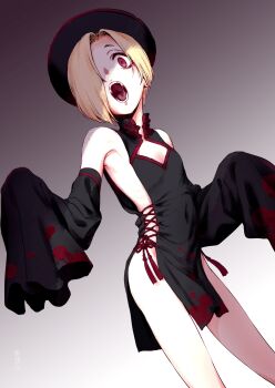 1girl absurdres black_dress black_hat black_sleeves blonde_hair blood blood_splatter breasts china_dress chinese_clothes commission covered_navel detached_sleeves dokuromaru dress hair_over_one_eye hat highres idolmaster idolmaster_cinderella_girls jiangshi loli long_sleeves looking_at_viewer one_eye_covered open_mouth pelvic_curtain print_dress print_sleeves qingdai_guanmao red_eyes saliva saliva_trail second-party_source shade shirasaka_koume short_hair side_slit skeb_commission sleeveless sleeveless_dress sleeves_past_fingers sleeves_past_wrists small_breasts solo splatter_print
