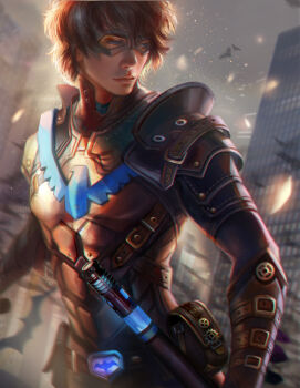 1boy armor bat_(symbol) batman_(series) belt blue_eyes body_armor dc_comics dick_grayson domino_mask escrima_stick eye_mask fan_yang_(jiuge) gauntlets gears leather_armor male_focus mask nightwing solo weapon