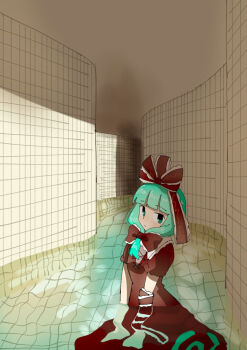 1girl 31061_satorui aqua_eyes aqua_hair arm_ribbon backrooms_(creepypasta) bow commentary_request dress front_ponytail hair_bow hair_ribbon highres kagiyama_hina liminal_space long_hair looking_at_viewer partially_submerged red_bow red_dress red_ribbon ribbon short_sleeves solo the_poolrooms tile_floor tile_wall tiles touhou water