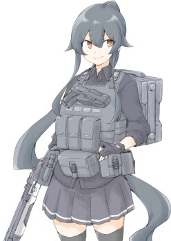 1girl akara_kai backpack bag belt_pouch black_gloves black_hair black_shirt black_skirt black_thighhighs brown_eyes collared_shirt gloves gun highres kantai_collection long_hair pleated_skirt ponytail pouch shirt simple_background skirt solo tactical_clothes thighhighs very_long_hair weapon white_background yahagi_(kancolle) yahagi_kai_ni_(kancolle)