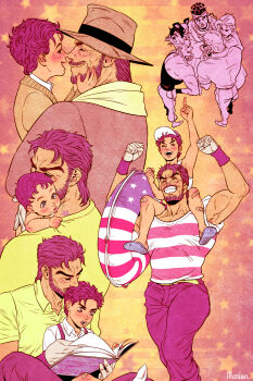 aged_down american_flag american_flag_print animal animal_on_head artist_name baby bad_id bad_pixiv_id bandaid bandaid_on_knee bandaid_on_leg battle_tendency beard birthmark book carrying child closed_eyes dog dog_on_head earrings facial_hair facial_mark flag_print gakuran gloves grandfather_and_grandson grin hand_on_own_chin hat highres iggy_(jojo) innertube jean_pierre_polnareff jewelry joestar_birthmark jojo_no_kimyou_na_bouken joseph_joestar joseph_joestar_(old) kakyoin_noriaki kuujou_joutarou marion-ville mohammed_avdol muscular noses_touching on_head photo_(object) pink_eyes pink_hair pouch reading school_uniform shirt shoulder_carry smile striped_clothes striped_shirt suspenders swim_ring tank_top white_gloves