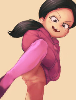 1girl black_eyes black_hair black_shoes bottomless censored conoghi eyebrows eyelashes female_focus freckles from_below gluteal_fold hands_in_pockets jacket loli long_hair long_sleeves looking_at_viewer looking_down mosaic_censoring nickelodeon no_panties open_mouth pink_jacket pink_thighhighs ponytail pussy ronnie_anne_santiago shoes smile solo teeth the_casagrandes the_loud_house thighhighs tongue zipper