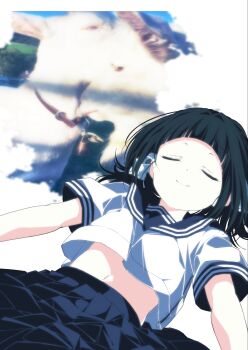 Rule 34 | 1girl, arched bangs, black hair, blue sailor collar, blue skirt, blunt bangs, closed mouth, cowboy shot, highres, insomnia (insomnia plus), long hair, midriff peek, navel, original, pleated skirt, sailor collar, school uniform, serafuku, shirt, short sleeves, skirt, smile, solo, white shirt