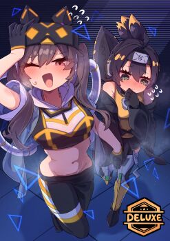 Rule 34 | 2girls, absurdres, ahoge, arm up, armored boots, bare shoulders, black gloves, black hair, black jacket, black pants, black shirt, black skirt, blonde hair, blush, boots, breasts, brown hair, c civciv, cat mask, closed mouth, commentary, crop top, duel monster, fake tail, flying sweatdrops, forehead protector, foreshortening, fuuma shuriken, gloves, green eyes, groin, hair between eyes, half gloves, highres, holding hands, hood, hoodie, i:p masquerena, inline skates, jacket, kunai, long hair, mask, mask on head, mechanical tail, medium breasts, midriff, multicolored hair, multicolored pants, multicolored shirt, multiple girls, navel, nose blush, off shoulder, one eye closed, open clothes, open jacket, open mouth, orange eyes, pants, ponytail, purple eyes, roller skates, s-force rappa chiyomaru, see-through clothes, see-through jacket, shadow, shirt, short sleeves, shuriken, skates, skirt, sleeveless, sleeveless shirt, smile, standing, standing on one leg, sweat, tail, tight clothes, tight pants, triangle, twintails, unworn mask, weapon, weapon on back, yellow shirt, yu-gi-oh!, yu-gi-oh! master duel