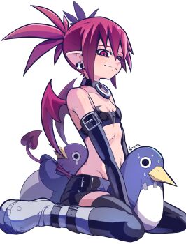 1girl 4rdilla absurdres bangle bare_shoulders between_thighs bird black_choker black_gloves boots bracelet choker closed_mouth crying crying_with_eyes_open demon_girl demon_tail demon_wings disgaea earrings elbow_gloves etna_(disgaea) flat_chest full_body gloves hair_between_eyes highres jewelry looking_at_viewer makai_senki_disgaea medium_hair miniskirt navel pencil_skirt pendant_choker penguin pointy_ears prinny red_eyes red_hair red_tail red_wings ribs sidelocks simple_background sitting sitting_on_animal skirt skull_earrings slit_pupils straight_hair strangling sweatdrop tail tears thigh_boots twintails wariza white_background wings