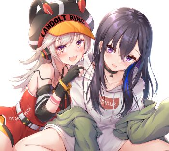 2girls :d bare_shoulders belt black_background black_choker black_gloves black_hair blue_hair blush choker collarbone dress facial_mark fingerless_gloves gloves green_jacket hair_between_eyes hat headphones highres hood hoodie ichinose_uruha jacket komori_met komori_met_(1st_costume) long_hair long_sleeves looking_at_viewer lupinus_virtual_games multicolored_hair multiple_girls nanashi_inc. newsboy_cap off_shoulder open_mouth piercing purple_eyes red_dress simple_background smile streaked_hair toki_(toki_ship8) virtual_youtuber vspo! white_hoodie