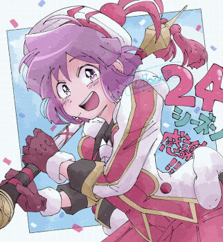 1boy 2024 bugsy_(holiday_2024)_(pokemon) bugsy_(pokemon) commentary_request confetti fur-trimmed_gloves fur_trim gloves hat looking_at_viewer male_focus mameta_(mmtp_k10) nintendo official_alternate_costume open_mouth pokemon pokemon_masters_ex purple_hair solo white_hat