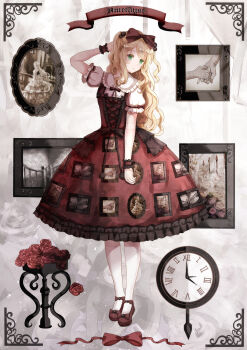 1girl analog_clock ankle_bow ankle_ribbon blonde_hair border bow brown_shoes clock closed_mouth cross-laced_clothes drawing_(object) dress flower footwear_bow framed frilled_dress frills full_body gothic_lolita green_eyes grey_background hair_bobbles hair_bow hair_ornament hand_on_own_head highres iceblue leg_ribbon lolita_fashion long_hair looking_to_the_side neck_ribbon original ornate_border pantyhose peter_pan_collar picture_frame pinafore_dress print_dress puffy_short_sleeves puffy_sleeves red_bow red_dress red_flower red_ribbon red_rose red_shoes ribbon rose shirt shoes short_sleeves sleeveless sleeveless_dress solo standing swept_bangs two_side_up wavy_hair white_pantyhose white_shirt wrist_cuffs