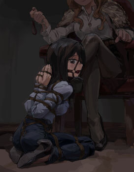 1girl 2girls arms_behind_back ball_gag bdsm begging black_pantyhose blonde_hair blue_shirt bondage bound brown_eyes brown_hair chain chain_leash collar dark defeat denim femdom gag gag_harness gagged highres holding holding_leash jeans kneeling leash long_hair looking_at_viewer multiple_girls niu_yeye original pants pantyhose pencil_skirt pointing pointing_at_viewer restrained shibari shirt shoes sidelocks skirt slave smile white_shirt