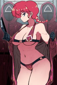 1girl abs blue_eyes bra braid braided_ponytail breasts cosplay ear_piercing gloves kingbawoon large_breasts mask piercing ranma-chan ranma_1/2 red_hair robe soldier_(squid_game) soldier_(squid_game)_(cosplay) squid_game thong underwear undressing