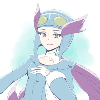 Rule 34 | 1girl, gloves, hand on own chest, haru (haru4782), helmet, highres, long hair, looking at viewer, nintendo, pokemon, pokemon oras, purple eyes, purple hair, solo, upper body, white gloves, winona (pokemon)