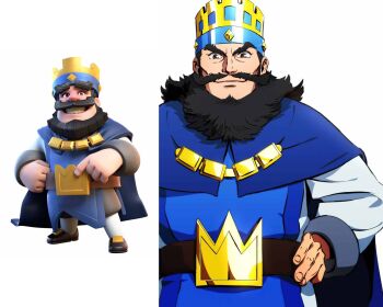 1boy beard belt belt_buckle blue_cape buckle cape clash_royale crown facial_hair facing_viewer full_body grin highres king_(clash_royale) looking_at_viewer mustache simple_background smile solo standing tagme white_background