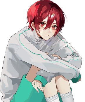 Rule 34 | 1boy, aged down, aqua shorts, blue lock, blush, chigiri hyoma, closed mouth, commentary request, hair between eyes, highres, hugging own legs, jacket, knees up, looking at viewer, male focus, red eyes, red hair, short hair, shorts, simple background, sitting, socks, solo, white background, white jacket, white socks, xe5m38, zipper