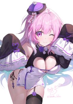 1girl alternate_costume bare_shoulders binato_lulu black_garter_straps black_thighhighs breasts cleavage closed_mouth commentary_request cyrene_(honkai:_star_rail) cyrene_(ripples_of_past_reverie)_(honkai:_star_rail) detached_sleeves diamond-shaped_pupils diamond_(shape) garter_straps halloween hands_up hat highres honkai:_star_rail honkai_(series) jiangshi_costume large_breasts leaning_forward long_hair long_sleeves looking_at_viewer one_eye_closed pink_eyes pink_hair purple_eyes revision simple_background single_garter_strap single_thighhigh smile solo standing symbol-shaped_pupils thighhighs very_long_hair white_background