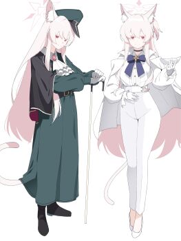 1girl absurdres akira_(blue_archive) akira_(miria)_(blue_archive) animal_ear_fluff animal_ears ascot black_capelet black_shoes blue_archive blue_bow bow breasts brooch cane cape capelet cat_ears cat_girl cat_tail closed_mouth colored_eyelashes double-parted_bangs dress eye_mask full_body gem gloves green_dress green_hat hair_between_eyes halo hand_on_cane hat high-waist_pants highres holding holding_mask jewelry long_hair long_sleeves looking_at_viewer mask multiple_views official_alternate_costume pants peaked_cap pink_gemstone pink_hair pink_halo plentyofempty red_eyes shirt shoes simple_background smile split_mouth tail unworn_mask white_ascot white_background white_cape white_eyelashes white_gloves white_pants white_shirt white_shoes