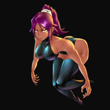 1girl 2021 bare_shoulders beuto black_background black_leotard black_thighhighs bleach breasts collarbone dark-skinned_female dark_skin female_focus full_body hair_ornament large_breasts leotard long_hair parted_bangs ponytail purple_hair revision shihouin_yoruichi simple_background thighhighs thighs yellow_eyes