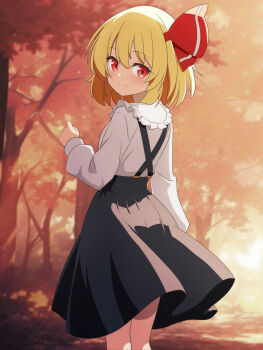1girl alternate_costume autumn autumn_leaves black_skirt blonde_hair blush cato_(monocatienus) closed_mouth commentary_request hair_ribbon highres leaf long_sleeves looking_at_viewer looking_back medium_hair outdoors red_eyes red_ribbon ribbon rumia shirt skirt smile solo touhou tree white_shirt