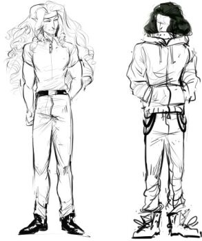 2boys artist_request casual digimon digimon_(creature) digimon_xros_wars gravimon hands_in_pockets jacket long_hair looking_to_the_side lowres monster_boy multiple_boys muscular pectorals splashmon what