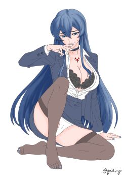 1girl absurdres akame_ga_kill! black_choker black_jacket blue_eyes blue_hair blue_nails breasts brown_thighhighs cameltoe chest_tattoo chinese_commentary choker cleavage commentary_request esdeath full_body high-waist_skirt highres jacket large_breasts miniskirt nail_polish panties pantyshot partially_unbuttoned pencil_skirt quid_ryo shirt sitting skirt smile solo sweatdrop tattoo thighhighs toenail_polish toenails twitter_username underwear white_panties white_shirt
