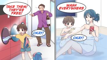 age_difference artist_request bathtub cellphone drunk hard-translated laundry_machine lingerie mother_and_son panties phone sexually_suggestive shota split_screen sponge third-party_edit towel underwear washing washing_machine
