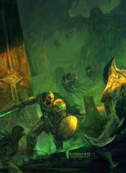 armor baron_of_hell black_visor blood bloody_weapon cacodemon cape chain doom:_the_dark_ages doom_(series) doomguy double-barreled_shotgun fur_cape green_armor green_background gun helmet highres holding holding_gun holding_shield holding_weapon imp_(doom) knee_spikes mark_of_the_doom_slayer old_one shield shield_saw_(doom) shimhaq shotgun shoulder_armor shoulder_spikes signature spiked_gauntlets spikes weapon