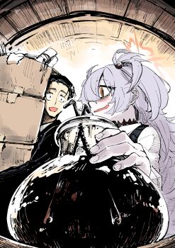 1boy 1girl :d absurdres black_eyes black_hair blue_archive blush box brown_eyes cardboard_box commentary_request couple drinking_straw eyeball_hair_ornament flask from_below halo hetero highres holding holding_box holding_flask indoors kanoe_(blue_archive) long_hair looking_at_another multicolored_eyes nakamobu one-hour_drawing_challenge open_mouth orange_halo profile round-bottom_flask sensei_(blue_archive) short_hair sidelocks sketch smile spiked_hair two-tone_eyes two_side_up upper_body very_long_hair wavy_mouth