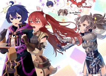 1boy 2girls blue_hair commission cynthia_(fire_emblem) ebrietas_(arayaejiri) fire_emblem fire_emblem_awakening grey_hair highres looking_at_viewer male_morgan_(fire_emblem) multiple_girls nintendo open_mouth pushing red_hair severa_(fire_emblem) smile twintails