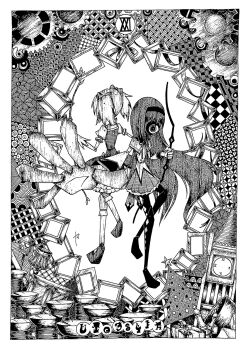 2girls abstract abstract_background akemi_homura akemi_homura_(magical_girl) argyle_clothes argyle_footwear argyle_pantyhose black_hair black_pantyhose bow bow_(weapon) bubble_skirt card chess_piece clock clock_tower collared_capelet floating_hair full_body gears gloves greyscale hair_bow hair_ribbon hairband highres holding kaname_madoka kaname_madoka_(magical_girl) kneehighs lamp long_hair long_sleeves madoka_runes magical_girl mahou_shoujo_madoka_magica monochrome multiple_girls pantyhose patterned pleated_skirt puffy_short_sleeves puffy_sleeves ribbon rigel0310 short_sleeves short_twintails skirt socks surreal tarot tarot_card the_world_(tarot) thread tower twintails weapon
