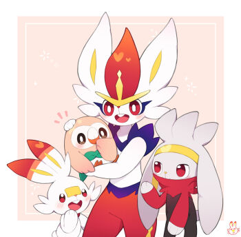blush border bright_pupils cinderace colaoud commentary_request evolutionary_line framed gen_7_pokemon gen_8_pokemon highres holding holding_pokemon korean_commentary nintendo notice_lines open_mouth pokemon pokemon_(creature) raboot red_eyes rowlet scorbunny tongue white_border white_pupils
