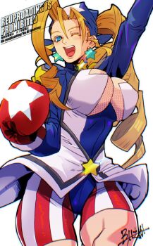 1girl blonde_hair blue_eyes boxing_gloves breasts burning_isaka capcom cleavage earrings jewelry justice_gakuen large_breasts long_hair open_mouth smile solo tiffany_lords