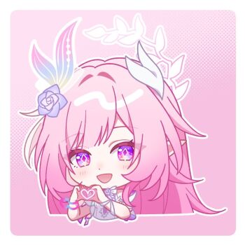 1girl :d bare_shoulders border breasts commentary_request cropped_torso cyrene_(honkai:_star_rail) cyrene_(ripples_of_past_reverie)_(honkai:_star_rail) diamond-shaped_pupils diamond_(shape) flower hair_flower hair_ornament hands_up heart heart_hands honkai:_star_rail honkai_(series) long_hair looking_at_viewer medium_breasts open_mouth pink_background pink_hair pochimaru_(marumaru_wanwan) pointy_ears purple_eyes purple_flower purple_rose rose sidelocks smile solo symbol-shaped_pupils white_border