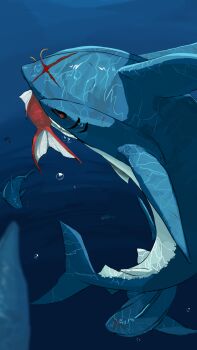 air_bubble black_sclera bubble caustics colored_sclera cross_scar cuts eating fish from_above gen_1_pokemon gen_3_pokemon gills highres hunting injury looking_at_viewer looking_up magikarp nintendo no_humans pokemon pokemon_(creature) pokemon_focus red_eyes scar scar_across_eye scar_on_face school_of_fish shark sharpedo sideways_glance underwater yunimaru