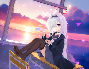 Rule 34 | 1girl, absurdres, blue archive, blue eyes, desk, feet, hair over one eye, hairband, highres, long hair, looking at viewer, metoprolol, plana (blue archive), school desk, see-through clothes, see-through legwear, smile, soles, thighhighs, toes, white hair