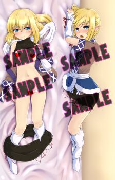 1girl absurdres arm_warmers black_shirt black_skirt blonde_hair blush breasts brown_shirt censored closed_mouth clothes_pull commentary_request dakimakura_(medium) full_body green_eyes half_updo heart heart_censor highres looking_at_viewer loose_socks mizuhashi_parsee multiple_views navel no_bra no_shoes open_mouth panties panty_pull pointy_ears sample_watermark sash scarf shirt short_hair short_sleeves shouwaru skirt skirt_pull small_breasts smile socks touhou undershirt underwear watermark white_panties white_sash white_scarf white_socks