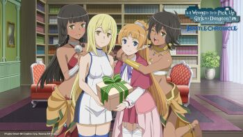 4girls :d aiz_wallenstein anime_coloring bandeau bare_shoulders bikini black_hair blonde_hair blue_eyes blunt_bangs bookshelf box bracer braid braided_sidelocks breasts capelet carpet closed_mouth commentary copyright_name copyright_notice couch criss-cross_halter danmachi_battle_chronicle dark-skinned_female dark_skin dress dungeon_ni_deai_wo_motomeru_no_wa_machigatteiru_darou_ka elf english_commentary gift gift_box green_eyes halterneck hands_on_another&#039;s_shoulders highres holding holding_gift hug hug_from_behind indoors jewelry lefiya_viridis light_blush long_hair looking_at_viewer medium_breasts metal_hair_tubes multiple_girls neck_ring official_art one_eye_closed open_mouth orange_hair pointy_ears red_bikini red_capelet sarong second-party_source shirt short_hair siblings sidelocks sisters sleeveless sleeveless_dress smile swimsuit tiona_hyryute tione_hyryute turtleneck turtleneck_dress twins white_bandeau white_dress white_shirt yellow_eyes yellow_sarong