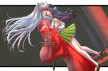 1boy 1girl animal_ears artist_name bead_necklace beads black_hair brown_shoes closed_eyes commentary dog_ears english_commentary from_side glowing glowing_eyes green_skirt grey_hair higurashi_kagome inuyasha inuyasha:_kagami_no_naka_no_mugenjou inuyasha_(character) japanese_clothes jewelry kimono kiss lennys long_hair long_sleeves necklace pleated_skirt red_eyes red_kimono scene_reference school_uniform sheath shirt shoes skirt socks twitter_username white_shirt white_socks wide_sleeves