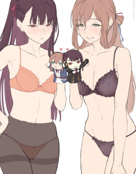 2girls artist_name black_bra black_panties blush bra braid breasts brown_hair character_doll collarbone commentary_request doll girls&#039;_frontline green_eyes hair_ribbon hand_puppet heart highres lingerie long_hair looking_at_viewer medium_breasts mizukamakiri multiple_girls navel orange_bra orange_panties panties panties_under_pantyhose pantyhose puppet purple_hair red_eyes ribbon smile springfield_(girls&#039;_frontline) twitter_username underwear wa2000_(girls&#039;_frontline)