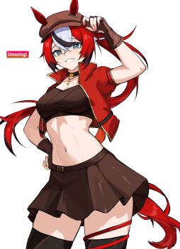 1girl absurdres alternate_species animal_ears belt black_hair black_thighhighs blue_eyes brown_gloves cheese choker collarbone commentary cosplay flat_cap food gloves hakos_baelz hand_on_own_hip hat highres hololive hololive_english horse_ears horse_tail jacket jewelry key key_necklace mouse_tail multicolored_hair navel necklace pink_nails ponytail red_jacket smile symbol-only_commentary tail tail_around_own_leg tail_wrap thighhighs thighs tokai_teio_(beyond_the_horizon)_(umamusume) tokai_teio_(umamusume) tokai_teio_(umamusume)_(cosplay) ttsyrene umamusume white_background white_hair