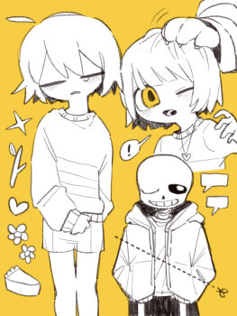 ! 1boy 1other black_shorts branch chara_(undertale) closed_eyes collared_sweater headpat heart heart_necklace highres jacket jewelry necklace one_eye_closed open_clothes open_jacket open_mouth out_of_frame partially_colored sans_(undertale) short_hair shorts skeleton spoken_exclamation_mark striped_clothes striped_sweater sweater tadeno tears teeth toriel undertale upper_body utdr_(toby_fox) yellow_background
