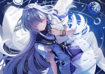 1girl closed_mouth colored_eyelashes commentary dress feet_out_of_frame from_side grey_hair hair_ornament halo holding holding_tablet_pc jacket long_hair looking_to_the_side mornye_(wuthering_waves) nicky_w purple_dress red_eyes see-through_body sitting solo tablet_pc white_jacket wuthering_waves