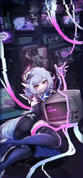 1girl absurdres ass blue_hair commentary eden_(honkai_impact) elysia_(honkai_impact) elysia_(miss_pink_elf)_(honkai_impact) eyelashes glitch grin habuti hair_ornament herrscher_of_corruption highres honkai_(series) honkai_impact_3rd long_hair looking_at_viewer lying mobius_(honkai_impact) monitor on_side orange_pupils pardofelis pardofelis_(reverist_calico) pointy_ears raiden_mei raiden_mei_(herrscher_of_thunder) red_eyes sitting smile solo television translation_request yae_sakura yae_sakura_(goushinnso_memento)