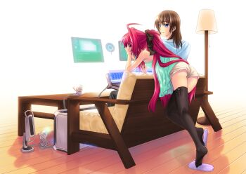 00s 1boy 1girl ahoge bow computer corticarte_apa_lagranges couch feet floating_screen hair_bow highres kannatsuki_noboru lamp leaning_forward long_hair red_hair shinkyoku_soukai_polyphonica shorts slippers soles tatara_phoron thighhighs tiptoes very_long_hair wooden_floor