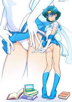 1girl back_bow bishoujo_senshi_sailor_moon blue-tinted_eyewear blue_choker blue_eyes blue_hair blue_sailor_collar blue_skirt book boots bow brooch cameltoe choker earrings elbow_gloves erotibot female_focus full_body gloves heart heart_brooch highres jewelry legs leotard looking_at_viewer magical_girl mizuno_ami panties panty_pull pussy sailor_collar sailor_mercury sailor_senshi_uniform self_exposure short_hair skirt solo super_computer_(sailor_moon) super_sailor_mercury tablet_pc tiara tinted_eyewear underwear visor white_gloves